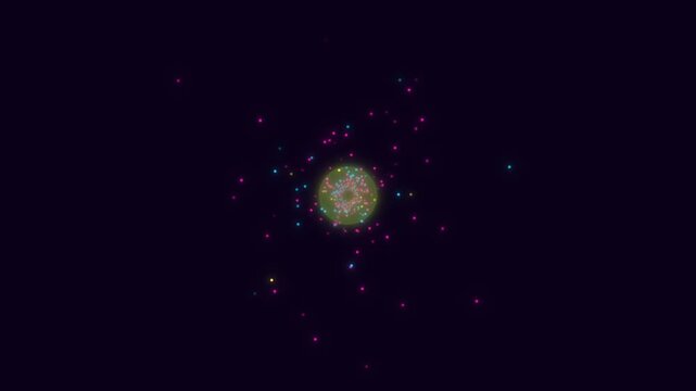 Colorful particles move around glowing sphere in dark space