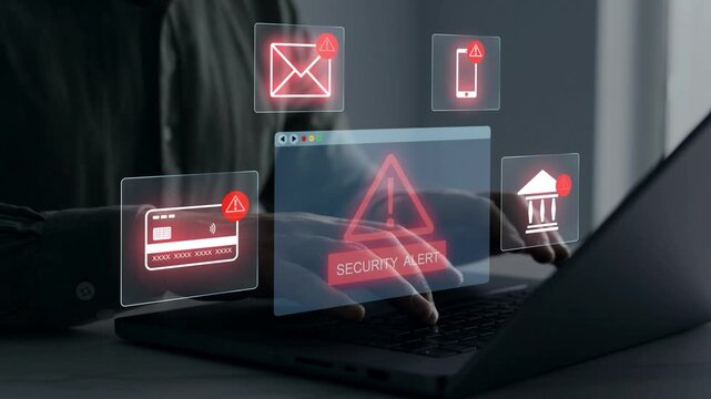 Financial scam concept showing bank card fraud,mobile phone phishing and online payment risk. Security alert, data protection and identity theft warning in digital banking.