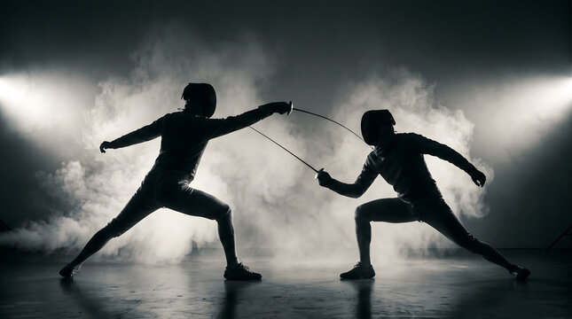 Two fencers engage in a duel with swords in a smoky arena