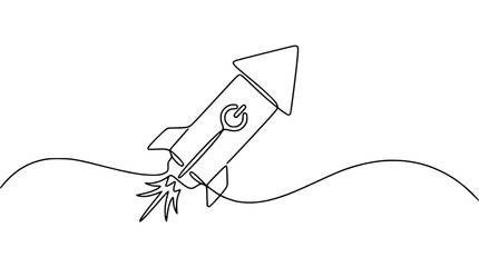 Obraz premium Continuous Line Drawing of a Rocket with Power Button Symbol Launching