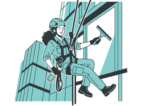 Rope Access Worker Cleaning a Glass Window on a Modern Building