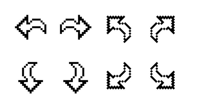 Pixel cursor arrow icons for retro computer interfaces and digital navigation. Classic pointer symbols in different directions for gaming, software and web design. Vintage pixel art cursor vector set.