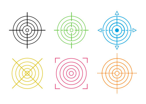 Target and crosshair icons for aiming, tracking and precision systems. Circular reticles and focus markers for navigation, radar and shooting interfaces. Modern target vector collection.