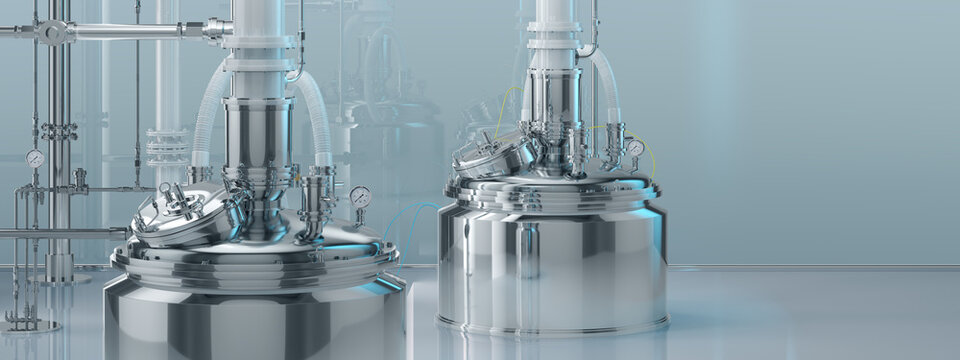 AI-driven biopharmaceutical manufacturing in industrial bioreactor facility with steel tanks and automated process control systems for monoclonal antibodies, proteins and GLP-1 therapeutics production