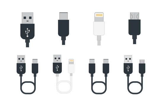 USB and charging cable connector icons. Modern data transfer and device charging accessories. USB, USB-C, Lightning and Micro USB cable vector set.