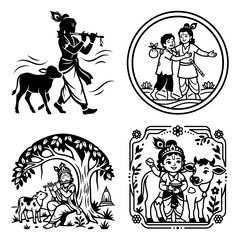Obraz premium Krishna cow and flute pastoral vector set