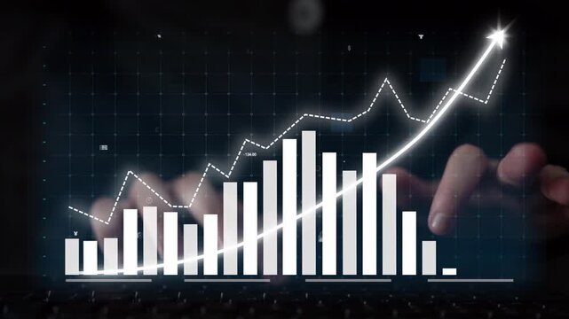 This image depicts a digital screen showcasing a financial growth graph with bars and an upward arrow, symbolizing progress and success in a modern business environment. Copula