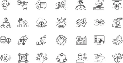 Fototapeta premium Artificial intelligence and machine learning outline vector icon set