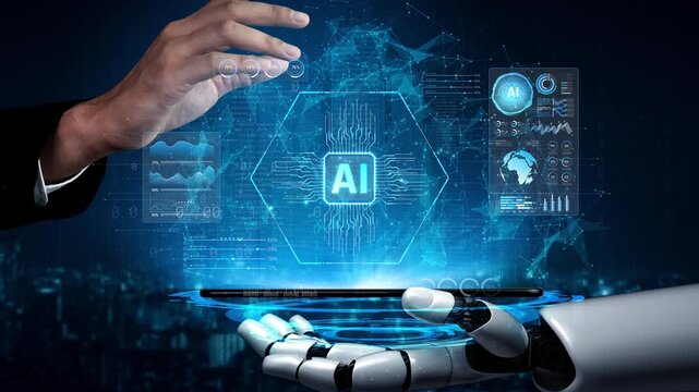 Futuristic Interaction Between Human Hand and Robotic Arm Highlighting Artificial Intelligence with Digital Interfaces and Data Visualization Sigmoid