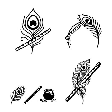 Peacock feather flute devotional icon vector set