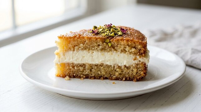 Egyptian Basbousa with Ashta Cream Layers Cross-Section on White Plate &ndash; Semolina Cake Detail, Artisan Dessert Stock Photo