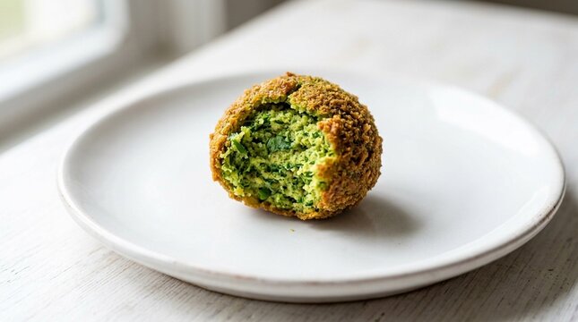 Egyptian Tamiya Green Falafel Macro &ndash; Golden Crust and Vivid Green Herb Center Contrast on White Plate, Food Stock Photo