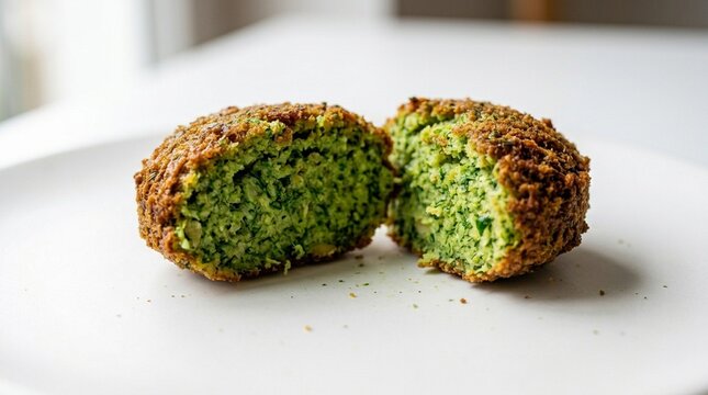 Egyptian Tamiya Falafel Single Patty Cross-Section &ndash; Vivid Green Herb Interior on White Plate, Street Food Stock Photo