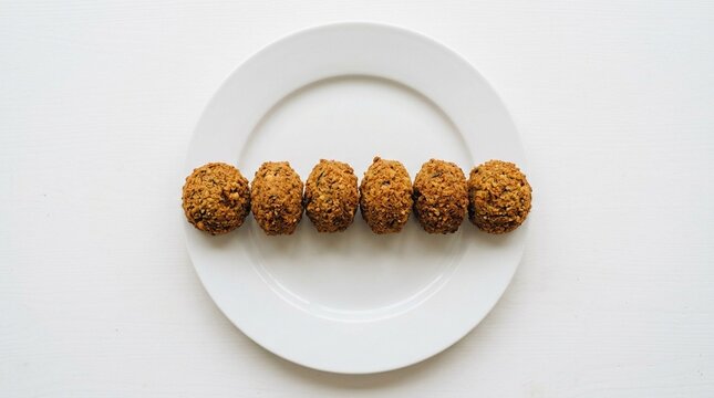 Egyptian Tamiya Falafel Six Pieces in a Row on White Plate &ndash; Overhead Flat Lay, Vegetarian Street Food Stock Photo