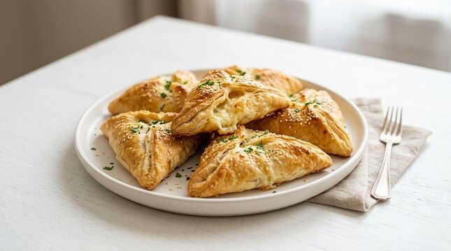 Egyptian Fatayer Cheese Savory Pastry on White Plate &ndash; Middle Eastern Baked Triangles Overhead, Street Food Stock Photo