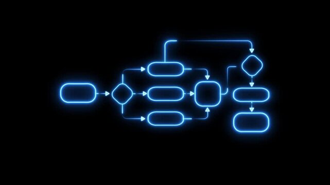 Glowing blue flowchart diagram infographic animation on black background