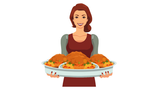 Thanksgiving woman serving roasted turkey platter with thanksgiving