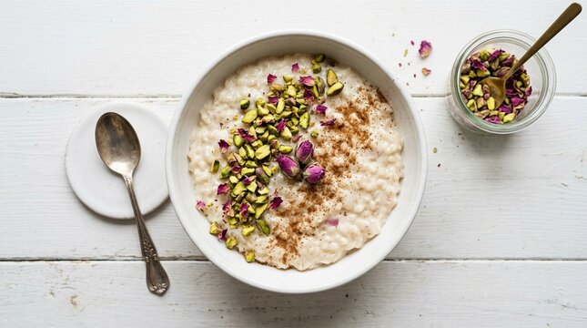 Egyptian Ruz Bil Laban Rice Pudding in White Bowl Topped with Cinnamon &ndash; Creamy Classic Dessert Overhead, Food Stock Photo