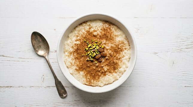 Egyptian Rice Pudding Roz Bil Laban in White Bowl with Rose Water and Pistachios &ndash; Creamy Dessert Stock Photo