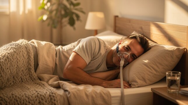 Man sleeping with CPAP mask for sleep apnea treatment
