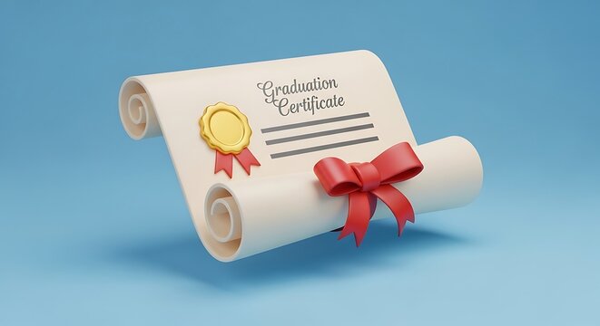 Rolled graduation certificate with red ribbon and golden seal for academic success.