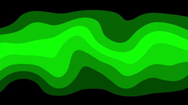 Horizontal stacked abstract waves smoothly morphing and flowing in a dark green gradient pattern from black at both the top and bottom to a vibrant lime green at the center, layered papercut liquid an