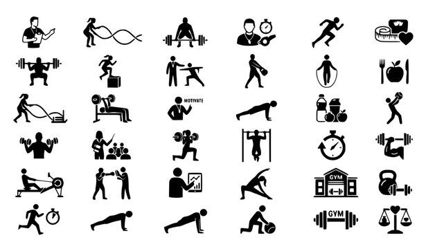 Female Athlete Battle Rope Workout Icons Monochrome Gym Training Vector Set