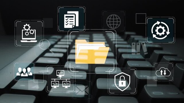 Concept of Digital Organization and Data Management with Folder Icons and Technology Symbols on Keyboard Background. Entropy.