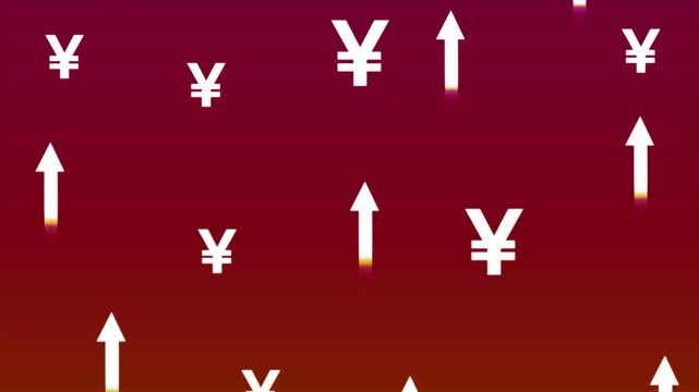 Rising japanese yen currency symbols and upward arrows financial motion background
