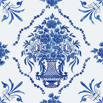 Blue Delft Floral Vase Seamless Pattern with Watercolor Tile Ornament on White Background