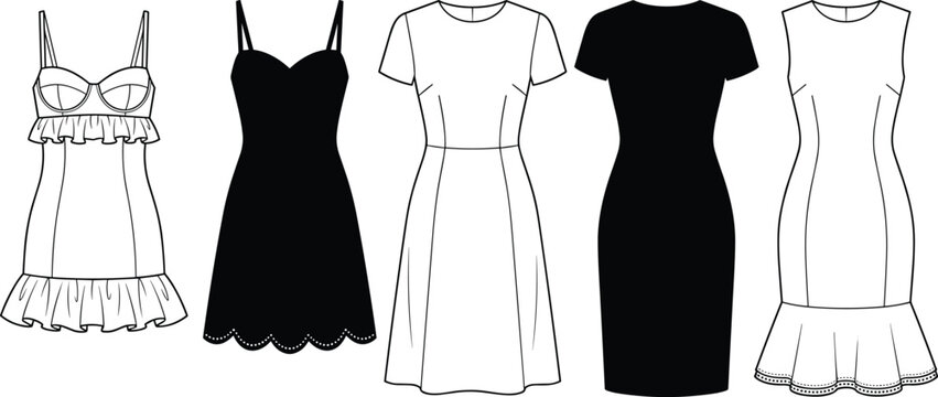 Dress design illustration set with bodycon, flared, sleeveless, short sleeve, ruffled, scalloped hem vector artwork