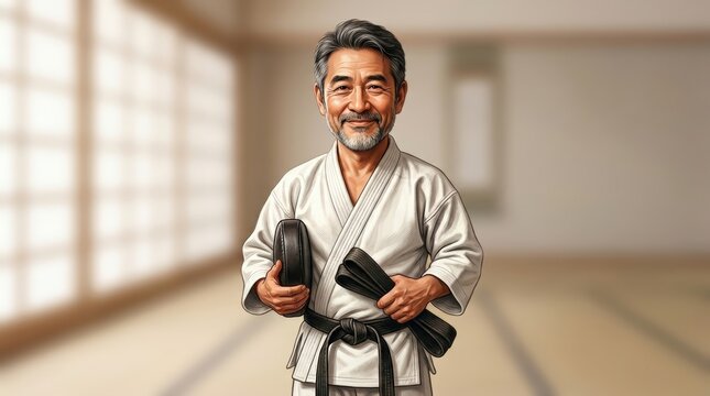 Karate instructor smiling in dojo holding black belt