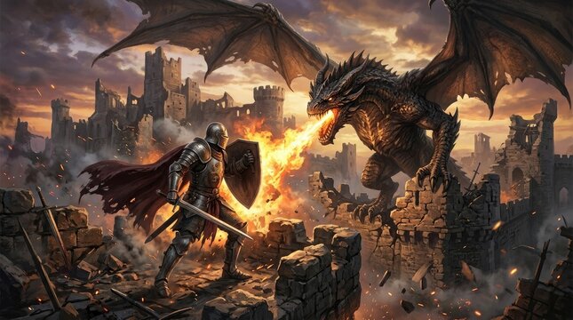 Knight facing a fire breathing dragon in a ruined castle