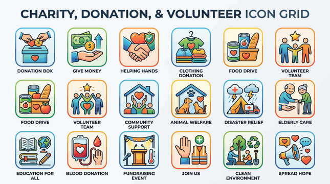 charity donation volunteer icons grid infographic