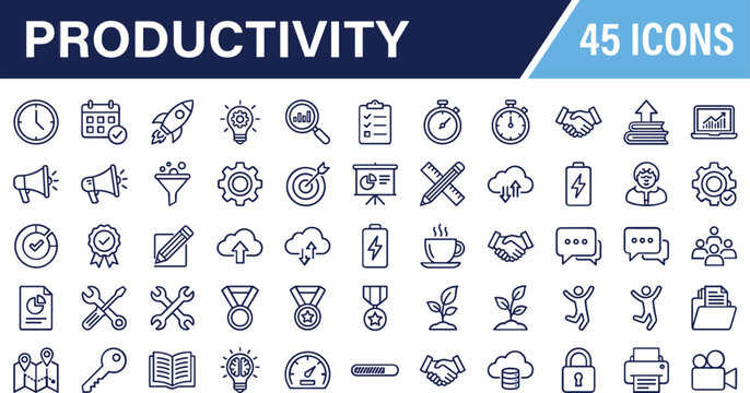 Productivity and Time Management Icon Set Featuring 45 Line Vector Symbols for Business Workflow Efficiency, Teamwork, Strategy, Data Analysis, and Corporate Development Projects