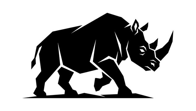 A bold black silhouette illustration of a strong rhinoceros walking forward designed as a clean minimalist icon for wildlife branding and animal logos