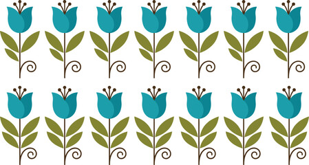 Stylized floral pattern illustration with blue flowers, green leaves, brown stems, decorative symmetrical vector artwork © Sheikh