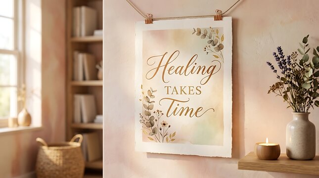 Healing takes time inspirational poster frame with inspirational wellness interior mindfulness recovery patience lifestyle typography thoughtful peaceful meditation emotional wellbeing