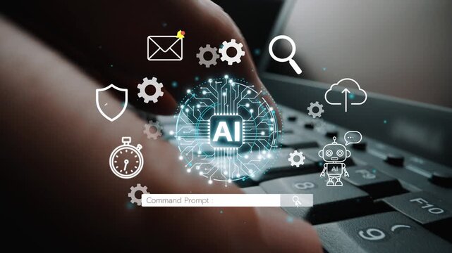 Close-up of a hand typing on a keyboard with digital icons representing artificial intelligence and technology overlaying the image. Entropy.