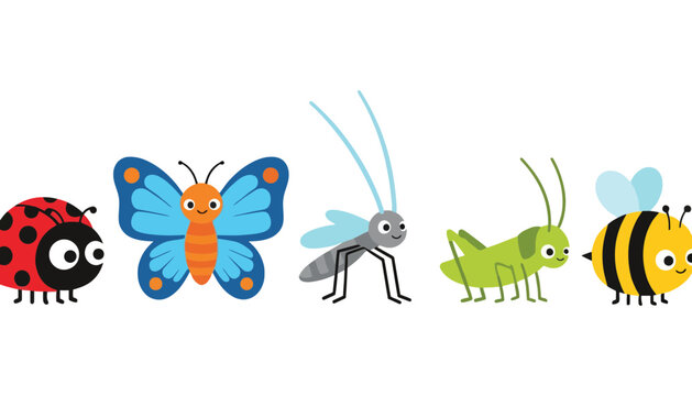 Insect icons collection with cute cartoon bugs and butterflies