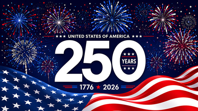 USA 250th Anniversary Celebration Banner with Fireworks and Waving American Flag