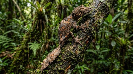 Obraz premium Camouflaged satanic leaf tailed gecko clinging to a mossy branch in rainforest