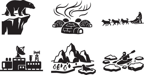 Obraz premium Arctic Adventure and Polar Landscape Silhouette Icons Set