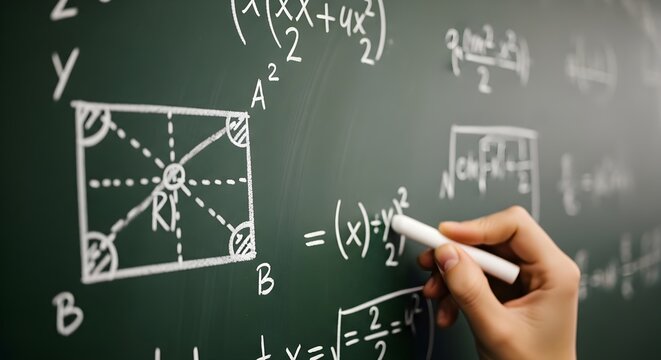 Mathematics Equations on Chalkboard, Geometry Formulas, Algebra Symbols, Learning Science