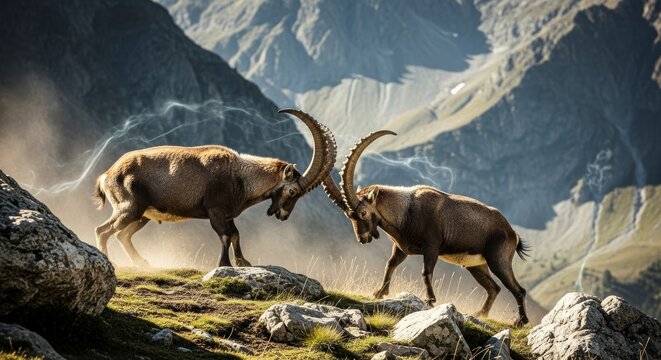 Mythic Mountain Duel: Ibexes Lock Horns Amidst Arcs of Lightning