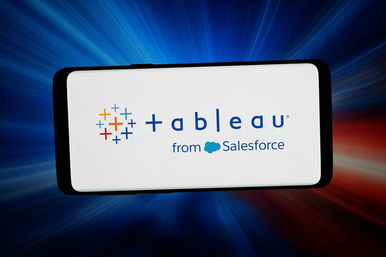 Stuttgart, Germany - 06-10-2026: In this photo illustration, the logo of data visualization company Tableau Software is displayed on a smartphone in front of abstract background on computer screen.