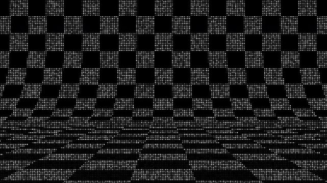Seamless loop animation of a black square halftone checkerboard floor moving forward. Minimalist perspective grid animation for retro gaming and racing backgrounds