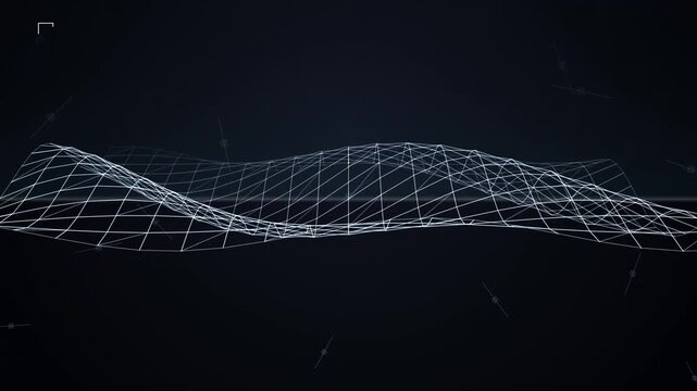 Abstract digital wireframe wave animation on dark background.