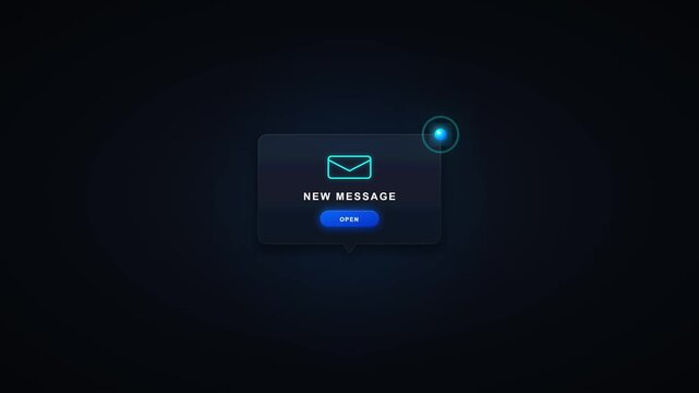 New message notification pop-up ui animation with glowing email and open button email notification