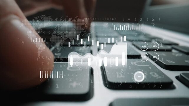 Close-up of Hands Typing on Keyboard with Digital Data Overlay and Graphical Elements Representing Technology and Analytics. Entropy.